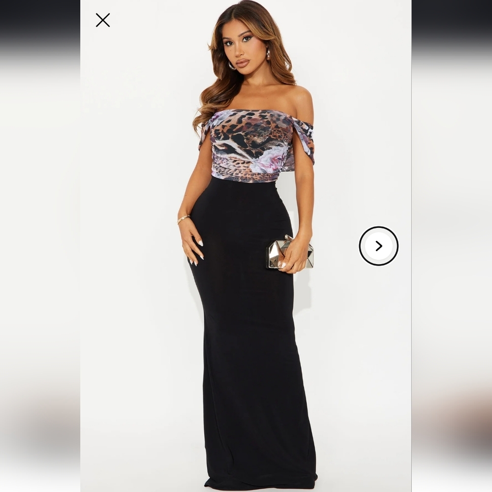 Fashion Nova Black Maxi Skirt with Animal & Purple Floral One-Shoulder Top